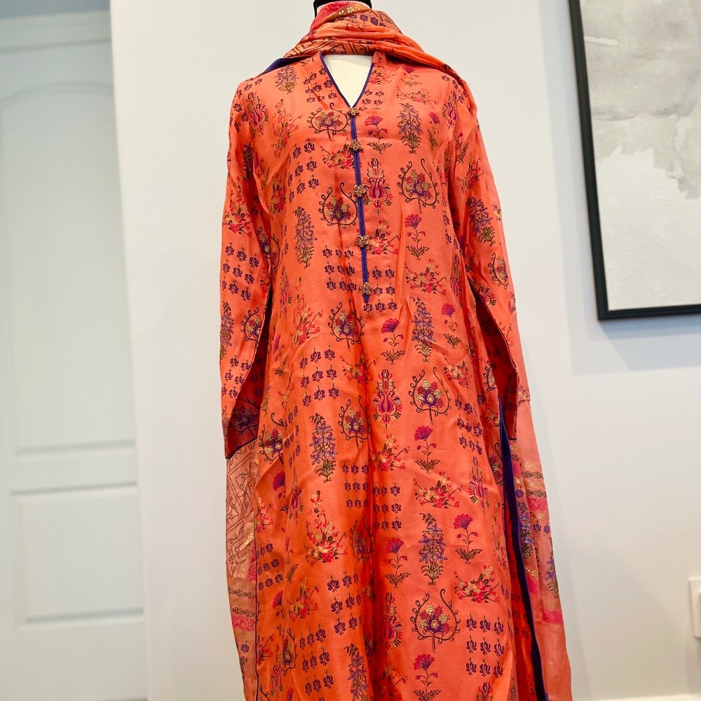 Indian/Pakistani 3 piece peach color cotton silk block printed suit